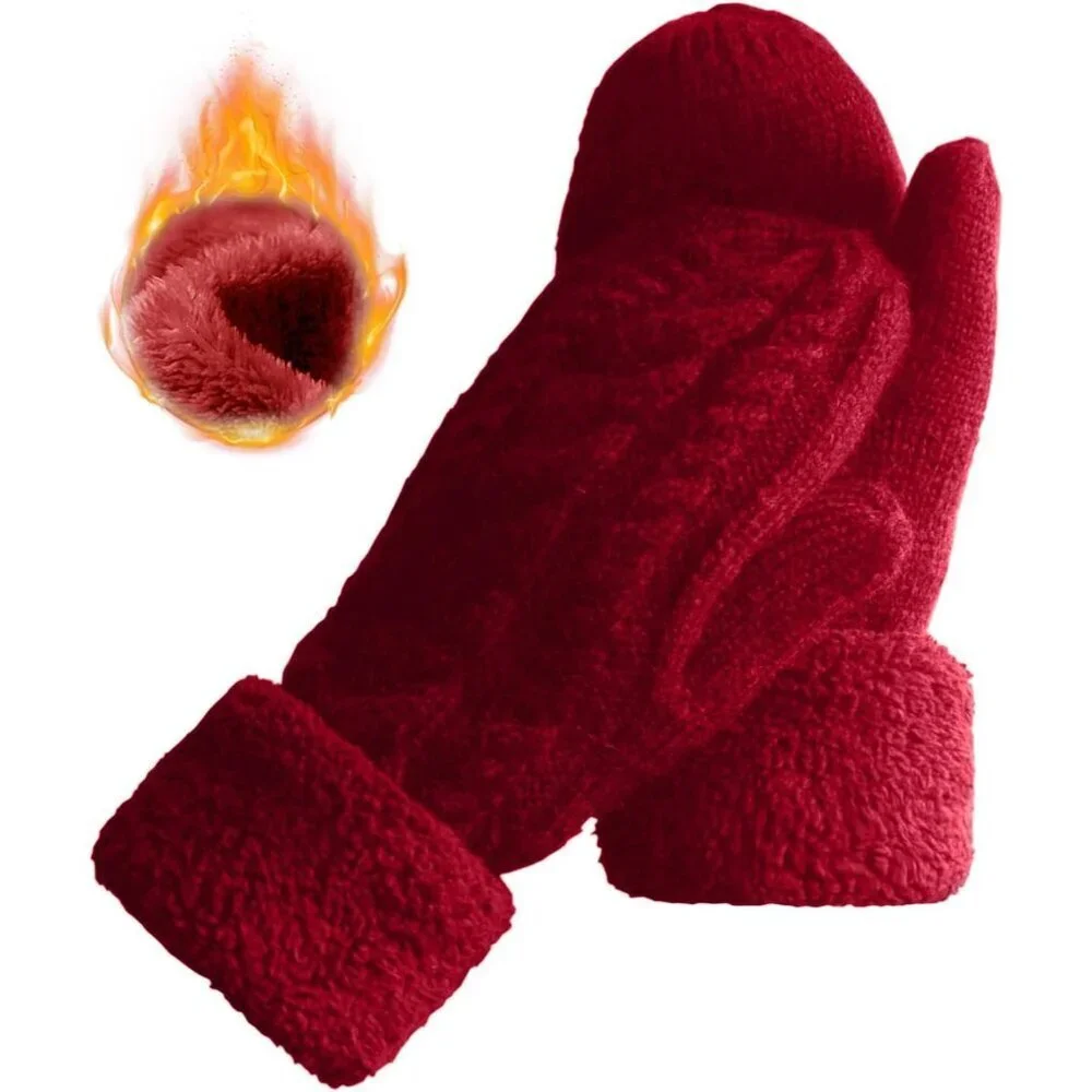 Women's Red Winter Warm Imported Fleece Lining Cozy Wool Knit Thick Gloves